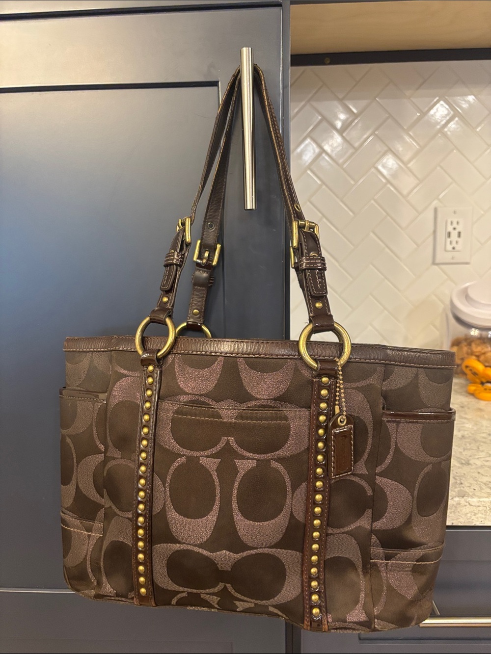 Coach Gallery Signature Studded Tote Shoulder Bag Brown with Gold Hardware